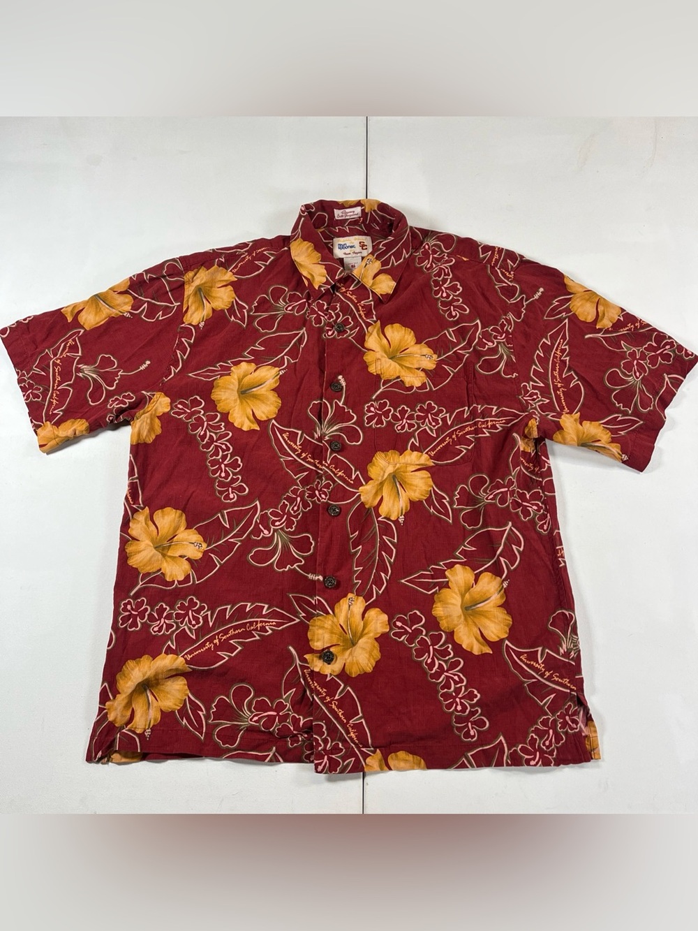 Reyn Spooner USC Trojans Regency Silk Jacquard Floral Hawaiian Shirt Mens S